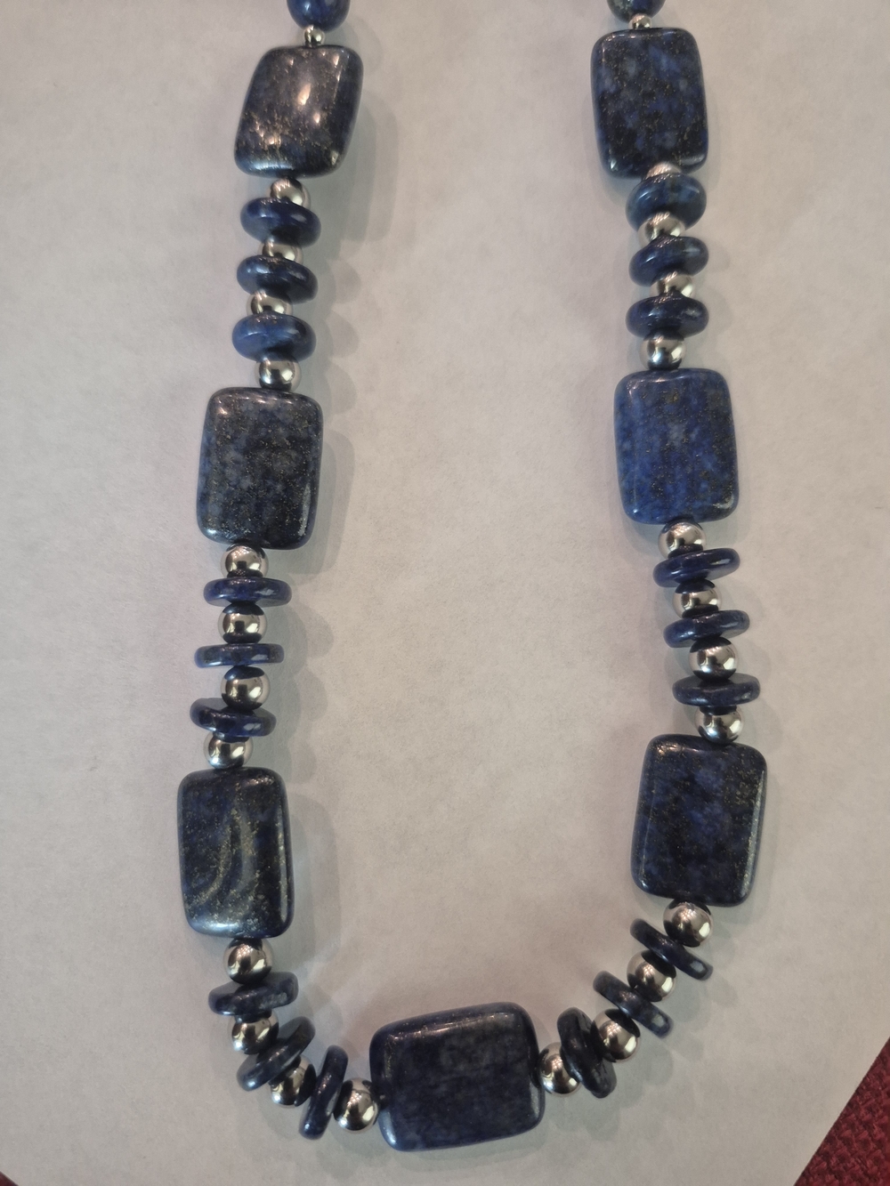 Blue Lapis Rectangle Beaded Necklace -Artisian Made 20"